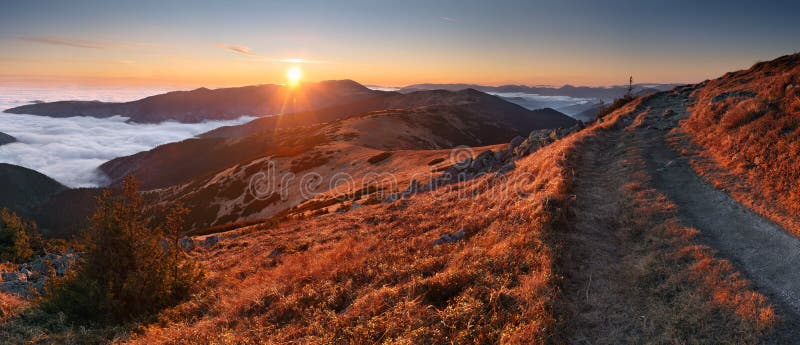Mountain panorama at sunset with path - Low Tatras