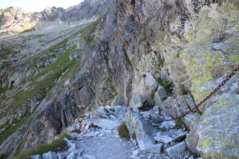 Mountain pathway secured with chain near Rysy peak, High Tatras