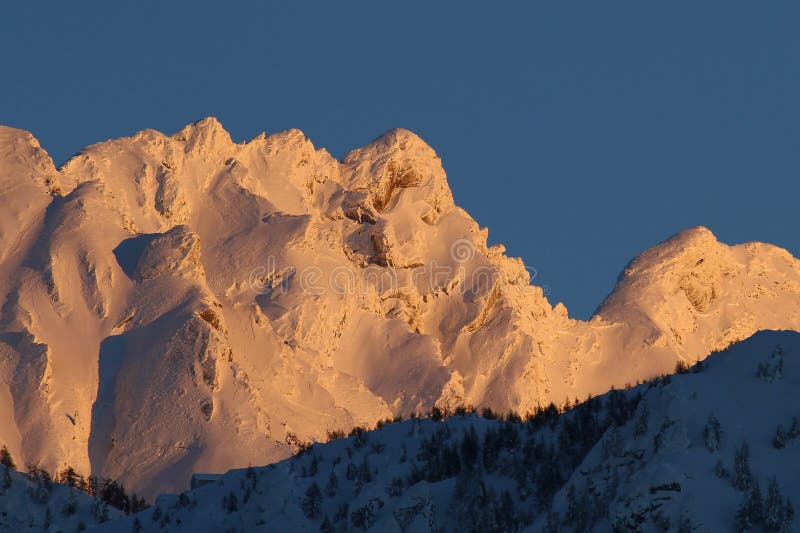 Mountain peak covered in snow in the winter