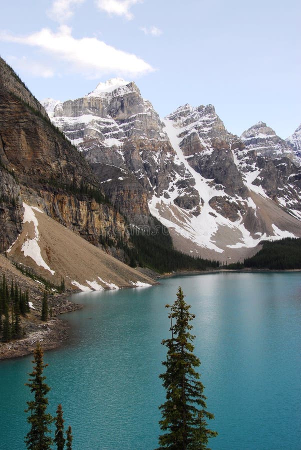 Mountain peaks and moraine lake