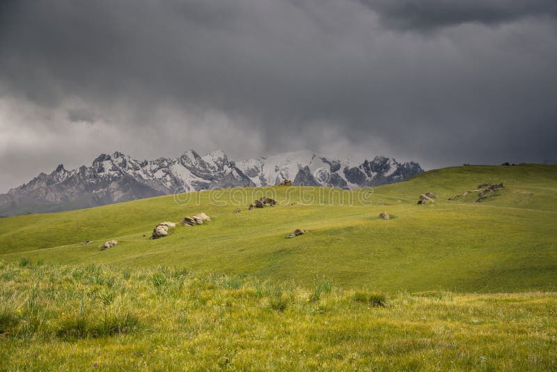 Mountain Peaks with Snow, Green Pastures Under Thunderstorm in the at ...