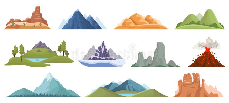 Mountain peaks. Snow ice tops, green hills and volcano outdoor landscape, hiking, climbing mountain valley view vector