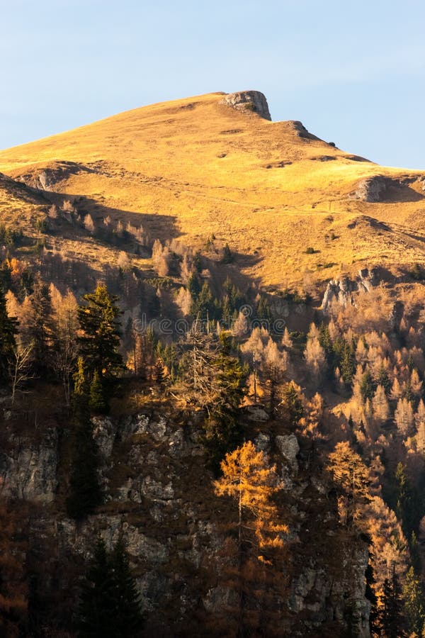 Mountain peaks in a warm bright sunlight royalty free stock photo