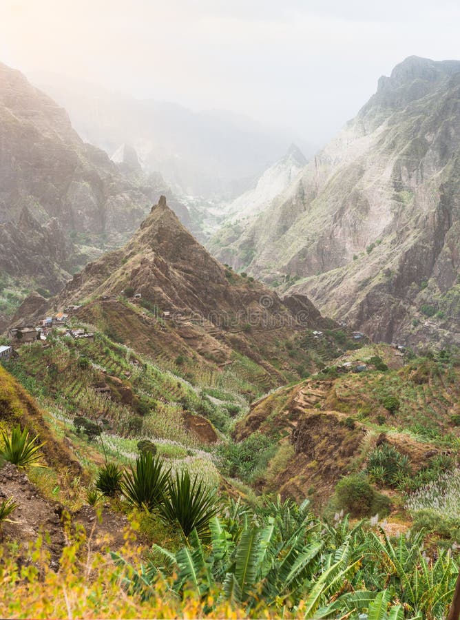 Mountain peaks in Xo-Xo valley of Santa Antao island in Cape Verde. Landscape of many cultivated plants in the valley