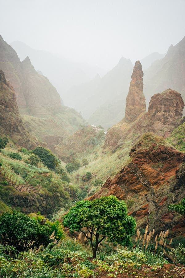Mountain peaks of Xo-Xo valley of Santa Antao island, Cape Verde. Many cultivated plants growing in the valley between