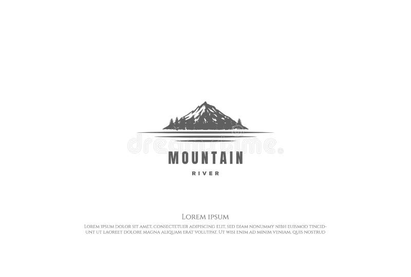 Mountain with Pine Cedar Conifer Cypress Evergreen Tree Forest and Lake River Creek Logo Design Vector