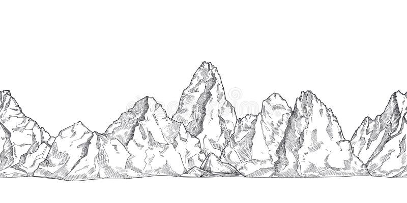 Mountain range. Outline nature drawing, pencil sketch rocky peaks panorama. Art graphics beautiful landscape vector