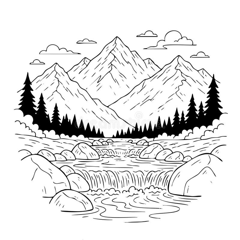 A mountain range with a river flowing through it royalty free illustration