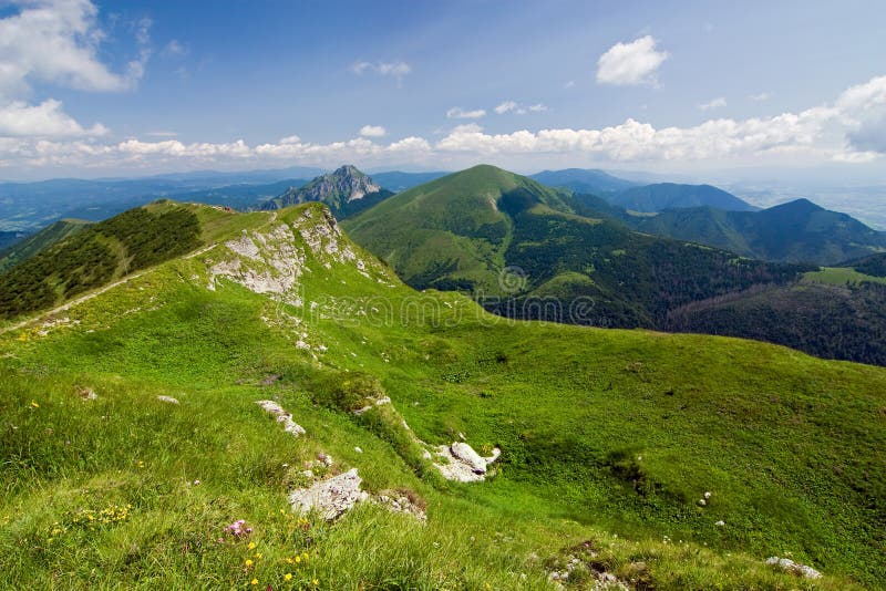 Horský hřeben a modrá obloha s mraky