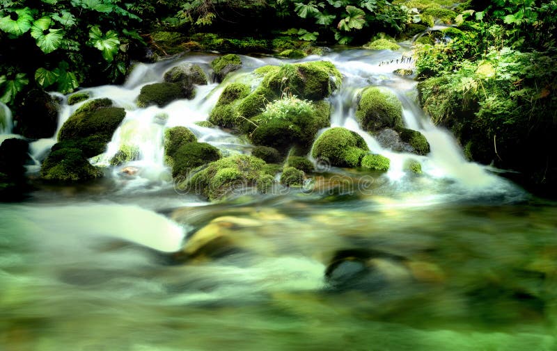 Un fiume di montagna con flusso di cadere all'interno.