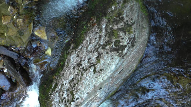 Mountain river flowing over rocks and boulders in forest