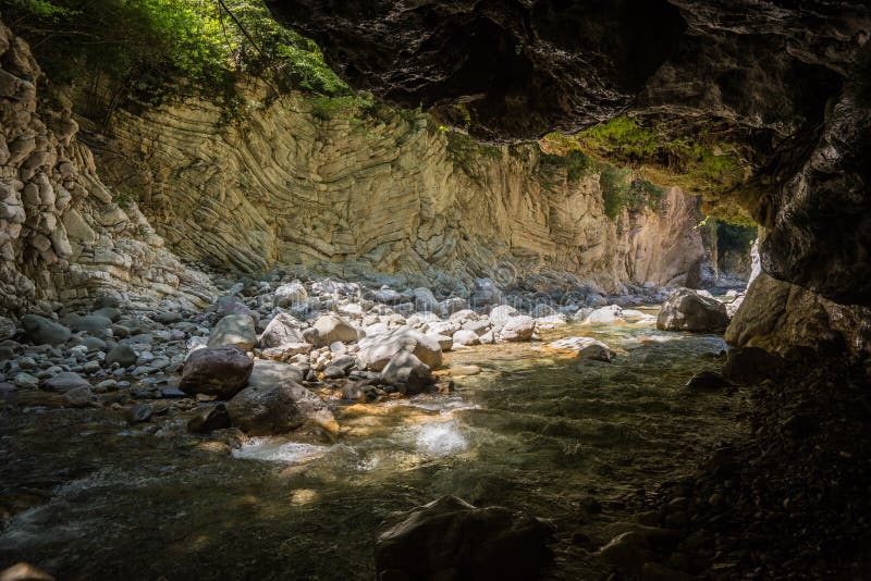 Mountain river gorge near Panta Vrexei in Evritania, Greece stock image