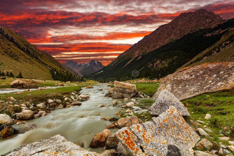 Mountain river in the gorge at sunset. Alpine landscape stock photography Mountain river in the gorge at sunset. Alpine landscape stock photography