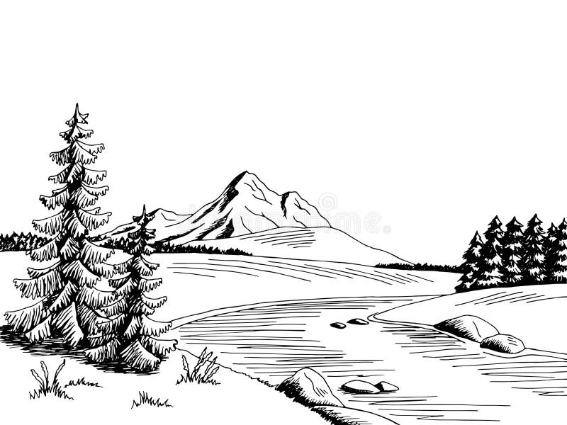 Mountain River Graphic Art Black White Landscape Sketch Illustration