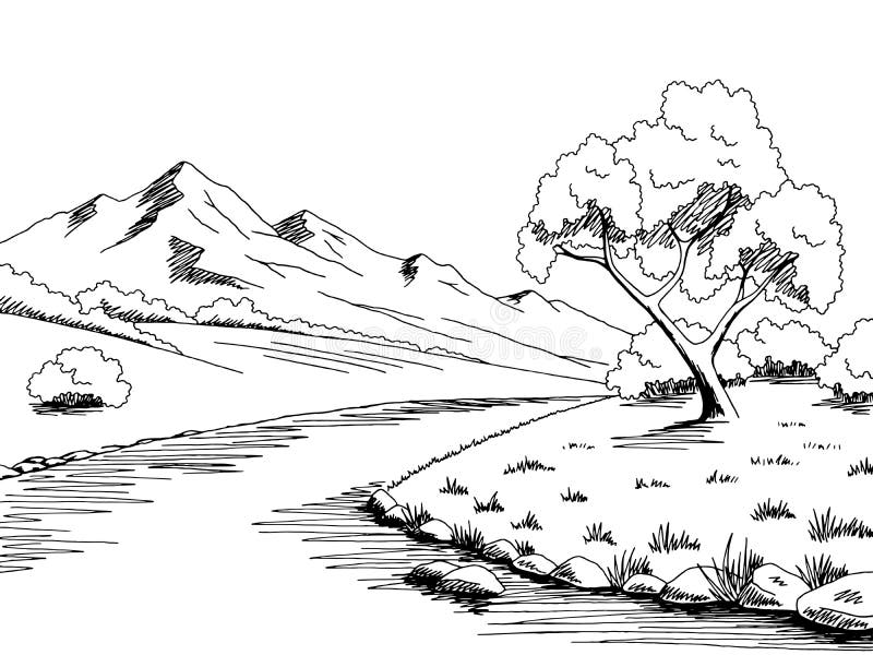 Mountain river graphic black white landscape sketch illustration. 