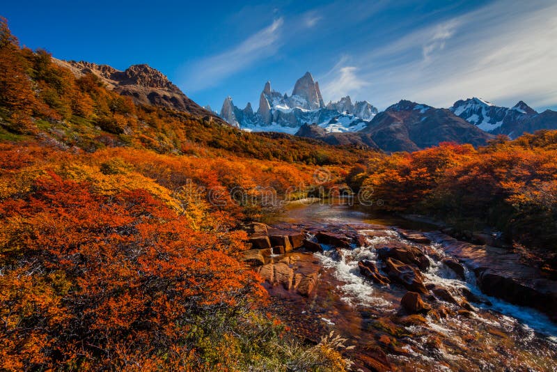 Mountain River and Mount Fitz Roy. Patagonia, Argentina. royalty free stock photos Mountain River and Mount Fitz Roy. Patagonia, Argentina. royalty free stock photos