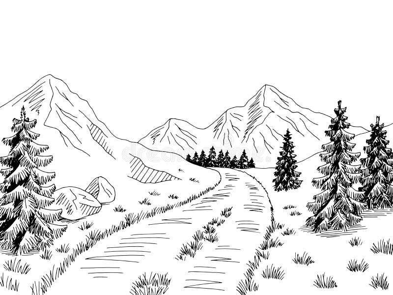 Mountain Road Graphic Black White Landscape Sketch Illustration Vector