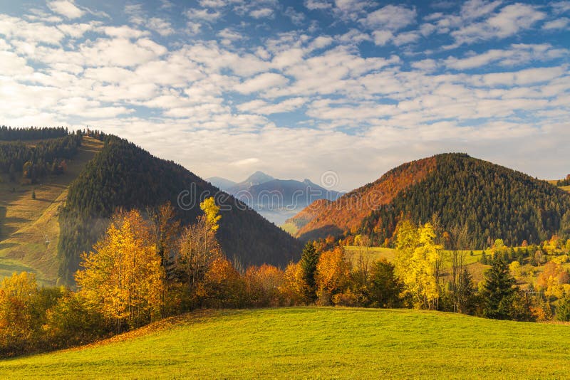 Mountain rural landscape in an autumn morning