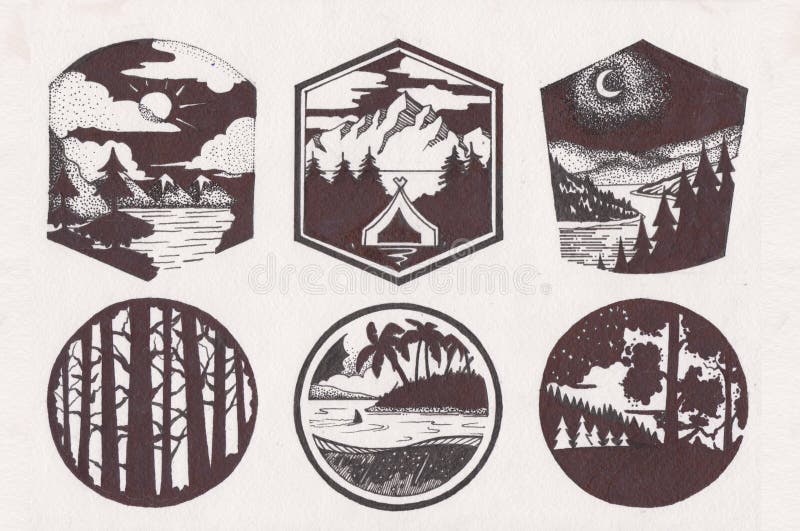 Mountain sketch logo set in retro style. Vintage trendy lines mountains silhouettes labels. Logotype with mountai vector illustration Mountain sketch logo set in retro style. Vintage trendy lines mountains silhouettes labels. Logotype with mountai vector illustration