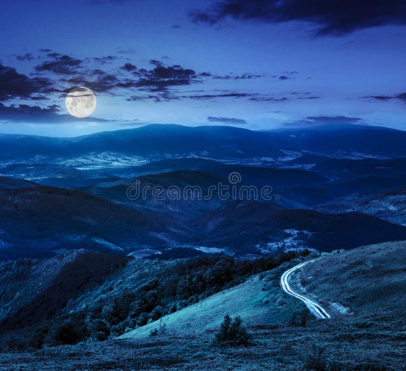 Mountain slope with forest in summer at night