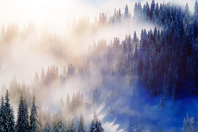 Mountain snowy landscape and snow covered trees, graphic effect.