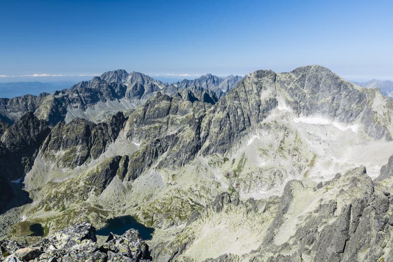 Mountain stone range peak against blue sky. Travel background. Holiday, hiking, sport, recreation. National Park High Tatra TANAP