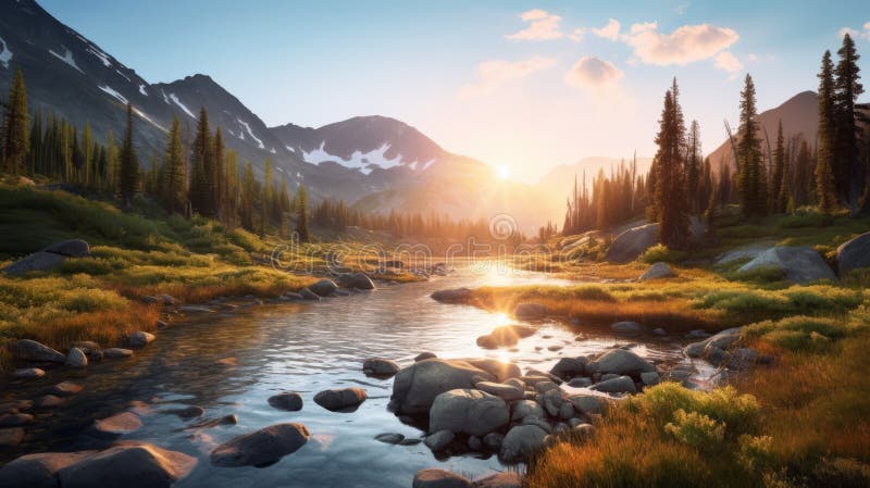 Golden Hour Wilderness Landscape: Rtx Photorealistic Rendering Of Sunrise Over River stock illustration