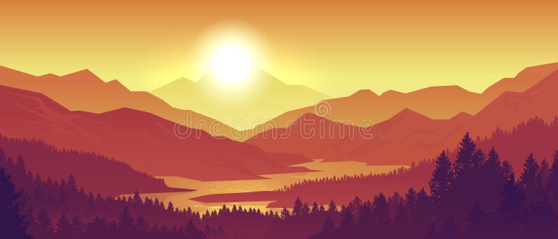 Mountain sunset landscape. Realistic pine forest and mountain silhouettes, evening wood panorama. Vector wild nature