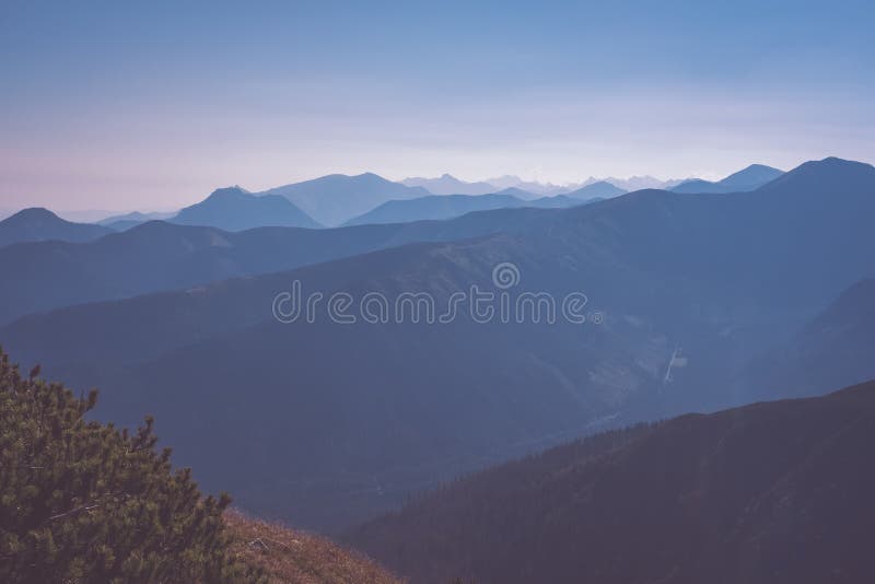 Mountain top panorama in autumn covered in mist or clouds - vin