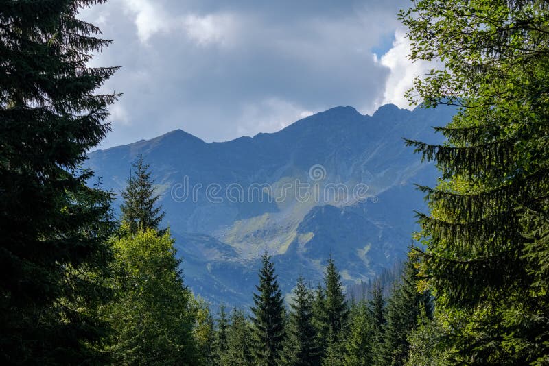 Panorama vrcholu hory na jeseň pokryté hmlou alebo oblaky