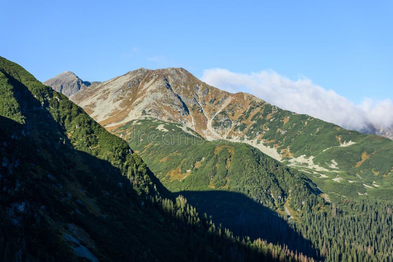 Mountain tops in autumn covered in mist or clouds in sunrise li