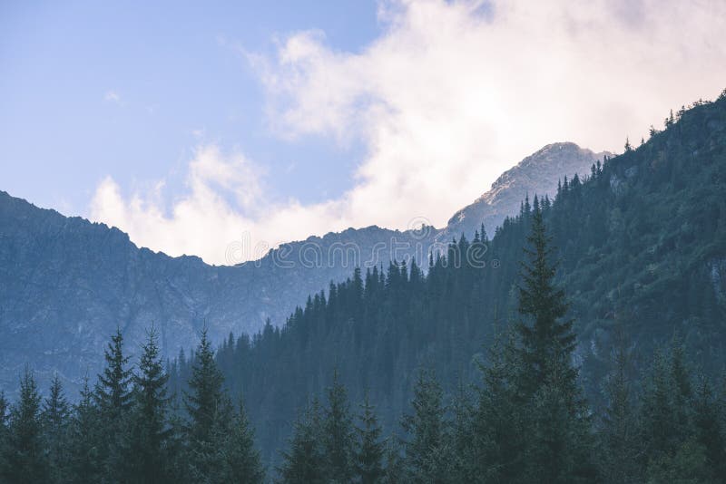 Mountain tops in autumn covered in mist or clouds - vintage ret