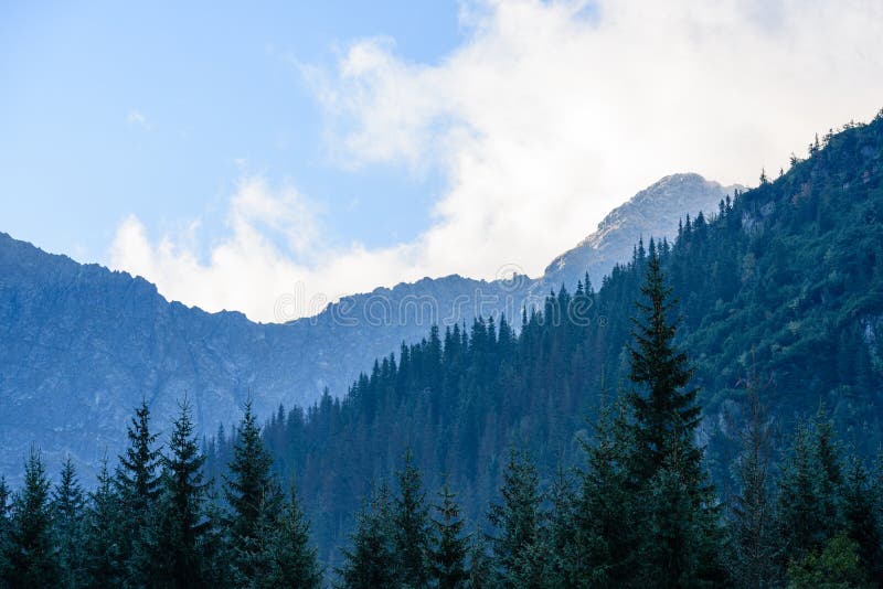 Mountain tops in autumn covered in mist or clouds