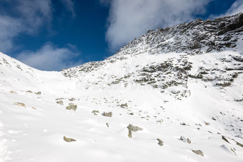 Mountain tops in winter covered in snow with bright sun and blue