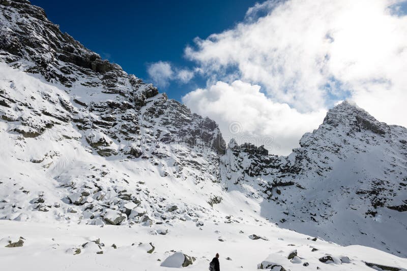 Mountain tops in winter covered in snow with bright sun and blue