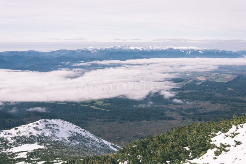 Mountain tops in winter covered in snow - vintage film look