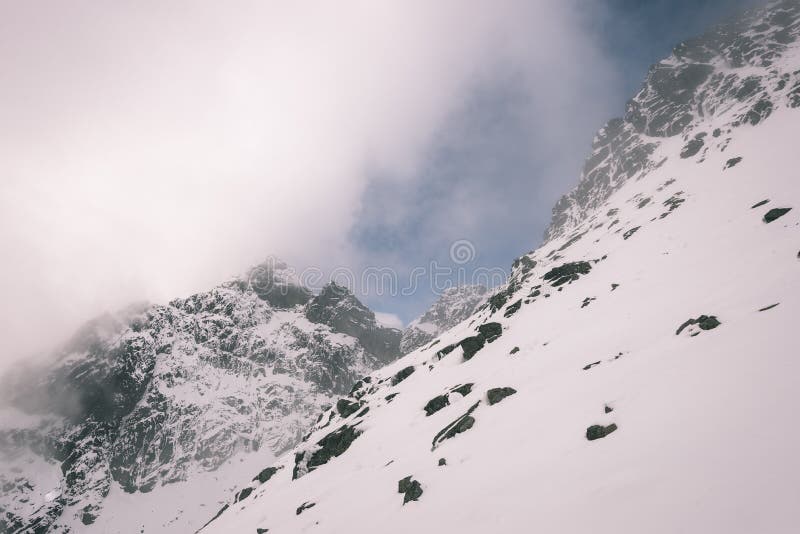 Mountain tops in winter covered in snow - vintage film look