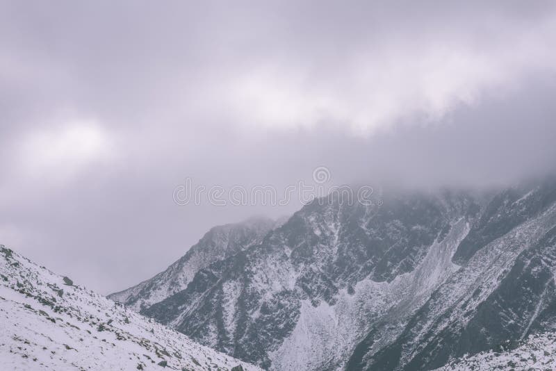 Mountain tops in winter covered in snow - vintage retro look