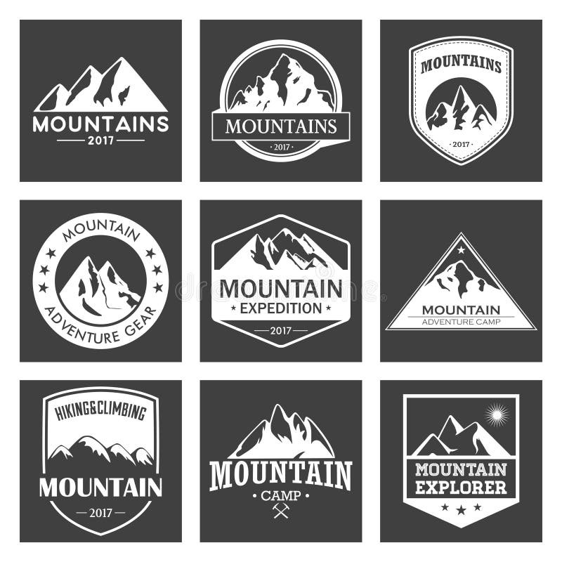 Mountain travel, outdoor adventures logo set. Hiking and climbing labels or icons for tourism organizations, events stock illustration Mountain travel, outdoor adventures logo set. Hiking and climbing labels or icons for tourism organizations, events stock illustration