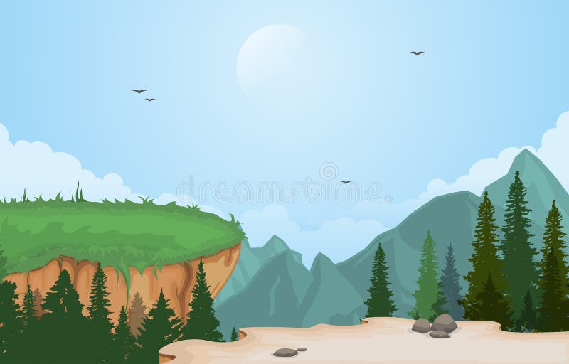 Mountain Valley Cliff Tree Nature Landscape Vector Illustration.