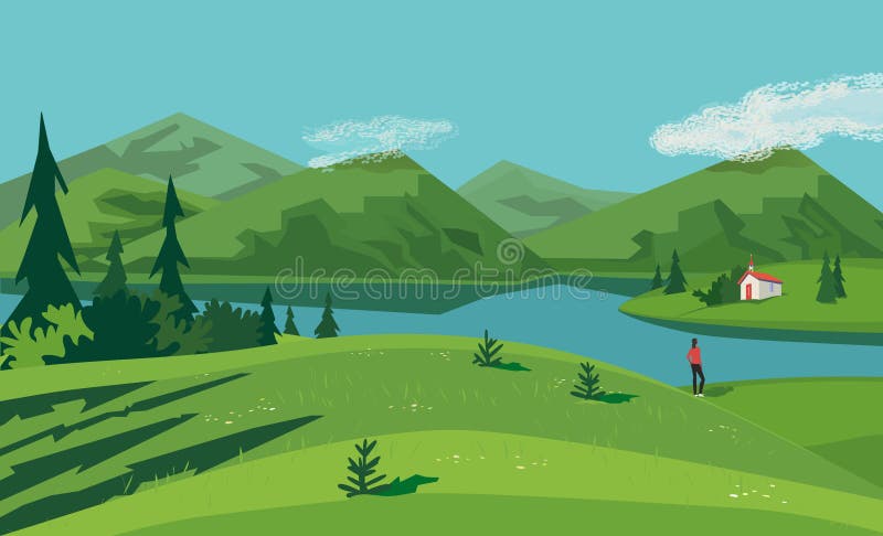 Mountain Valley Lake Landscape Poster Stock Vector - Illustration of  outdoor, drawing: 186758036