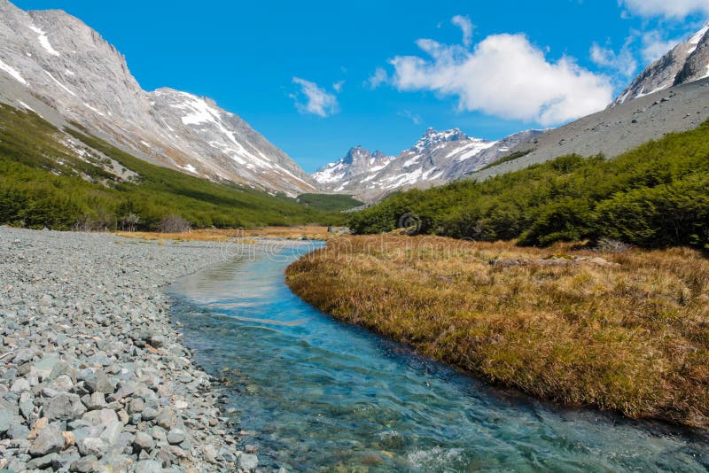 Mountain valley, river and snow peaks in Patagonia