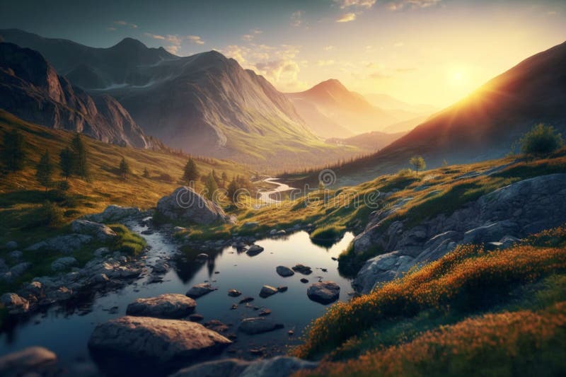 Mountain Valley during Sunrise. Natural Summer Landscape Generative AI ...