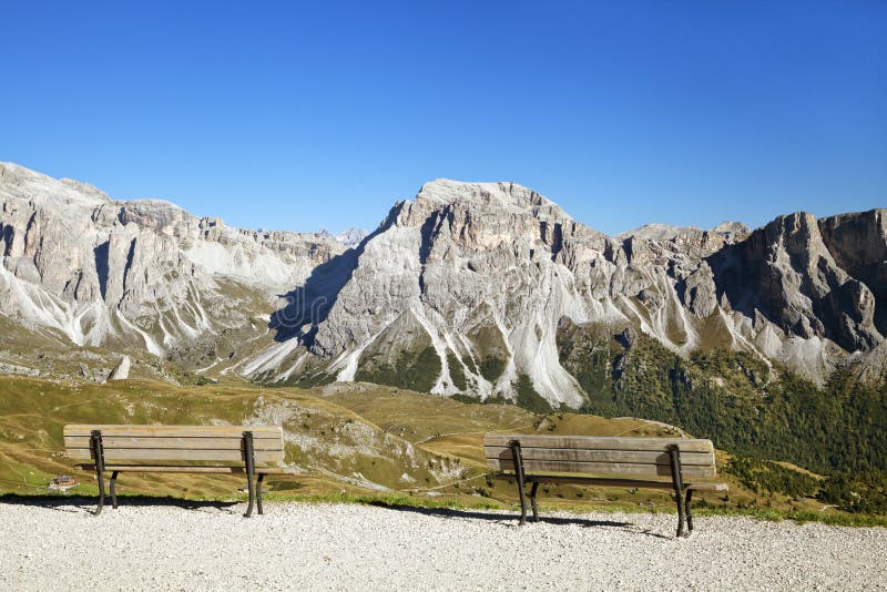 Viewpoint with benches in Dolomite Alps