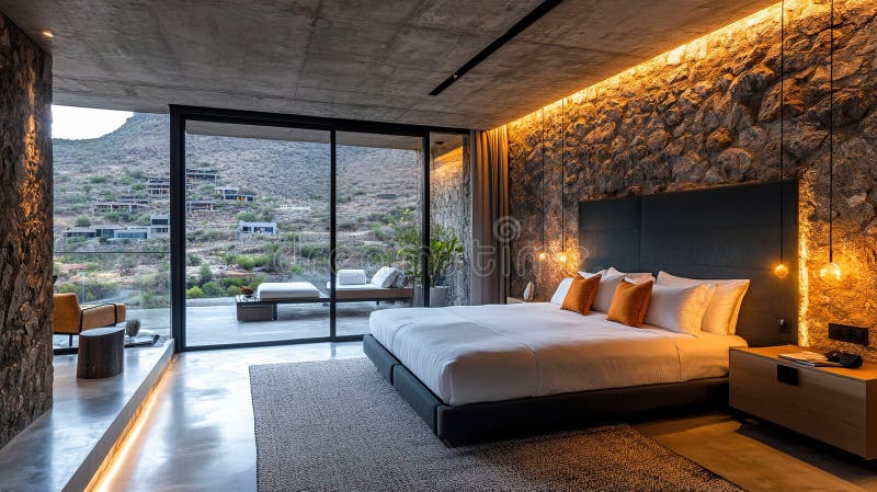 Mountain view luxury suite, desert resort, sunrise vector illustration