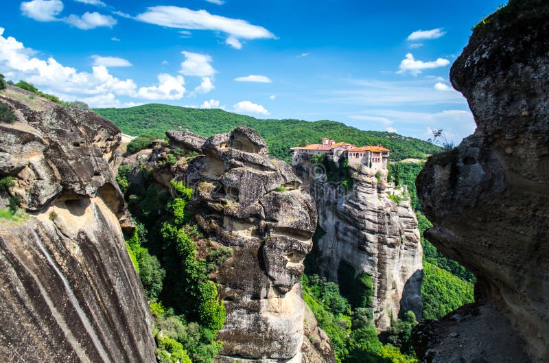 Mountain View on Meteora Monastery in Greece, Cloudy Weather Stock