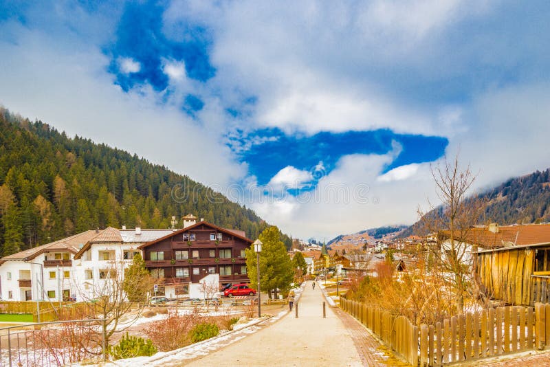 Mountain Village in Alpine Valley Stock Photo Image of dolomites