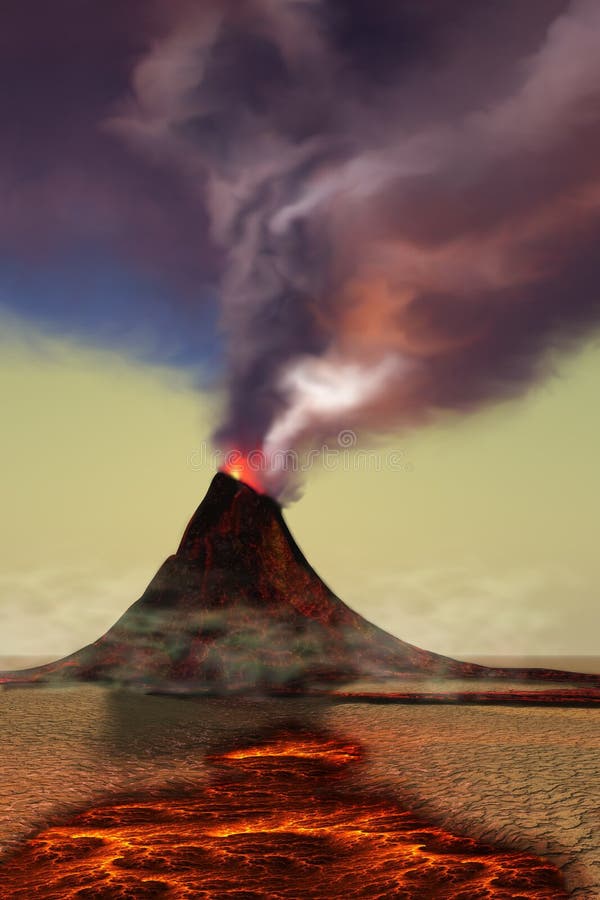 A newly formed volcano smokes with hot steam as hot lava flows around it. A newly formed volcano smokes with hot steam as hot lava flows around it.