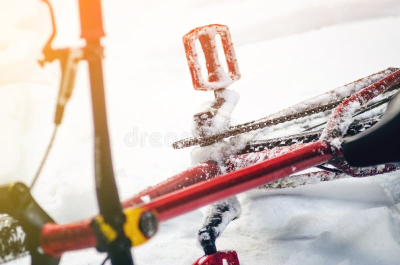 Mountainbiket ligger på en snöig skog arkivfoto Mountainbiket ligger på en snöig skog arkivfoto