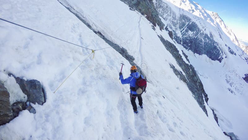 Mountaineer arrive at Couloir passage on the way to the Montblanc summit royalty free stock images Mountaineer arrive at Couloir passage on the way to the Montblanc summit royalty free stock images